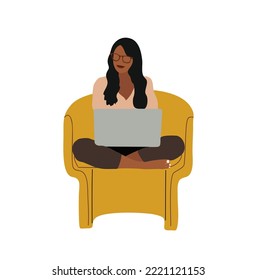 Happy person with laptop computer, sitting in armchair. Freelance girl work at online remote work. Freelancer working through internet at home. Flat vector illustration isolated on white background.