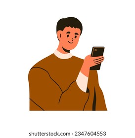 Happy person looking at smartphone in hand, reading message, surfing internet. Smiling man holding mobile phone, scrolling social media online. Flat vector illustration isolated on white background