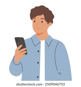 Persona feliz mirando el teléfono inteligente en la mano, leyendo mensaje, navegando por Internet. Hombre sonriente sosteniendo el teléfono móvil, desplazándose por las redes sociales en línea. Ilustración vectorial plana aislada sobre fondo blanco