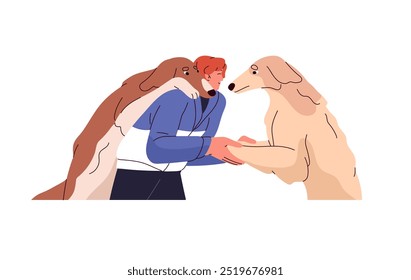 Una persona feliz ama a sus esponjosos perros afganos. Propietaria y lindo abrazo de perros borzoi. Los mimos de carácter con cachorros divertidos de Sighthound. Mascotas divertidas. Ilustración vectorial aislada plana sobre fondo blanco