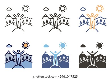 Happy person in nature Icon. Hiker wanderlust freedom in the mountains wih arms up and sun vector graphic elements