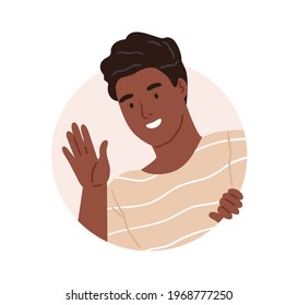 Happy person peeking and looking from behind round hole, waving with hand. Black-skinned man peeping out circle window and gesturing hi. Colored flat vector illustration isolated on white background