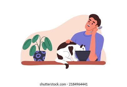 Happy Person, Pet Owner Having Meal, Stroking Cute Funny Cat Eating Food From Human Lunch Bowl. Breakfast Of Man And Kitty. Flat Graphic Lifestyle Vector Illustration Isolated On White Background