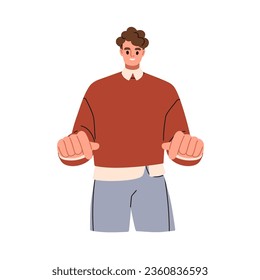 Happy person pointing down with fingers. Smiling business man, office worker showing something, advertising, presenting, gesturing with hands. Flat vector illustration isolated on white background