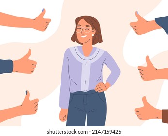 Persona feliz con retroalimentación positiva, pulgares hacia arriba rodeados. Chica sonriente alegre opinión pública de respeto positivo, ilustración de fondo de vector de dibujos animados. Concepto de aceptación positiva humana