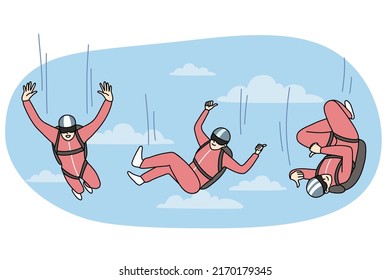 Happy person in protective suit falling down from sky with parachute. Concept of free falling. Extreme sport. Flat vector illustration. 