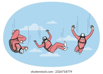 Happy person in protective suit falling down from sky with parachute. Concept of free falling. Extreme sport. Flat vector illustration.