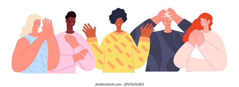 Happy person in shock. Woman looking excited expression, sad surprise people group. Shocked or disappoint friends, flat utter vector characters