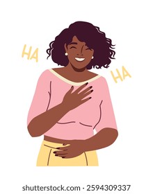 Happy person showing hand gestures. Smiling young girl or woman holding belly and laughing at funny joke. Character expresses positive emotions. Flat vector illustration isolated on background