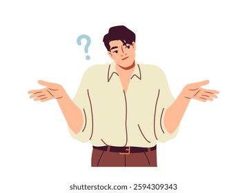 Happy person showing hand gestures. Pensive man in thought with question mark. Character makes decision to solve problem. Expressing emotions. Flat vector illustration isolated on background