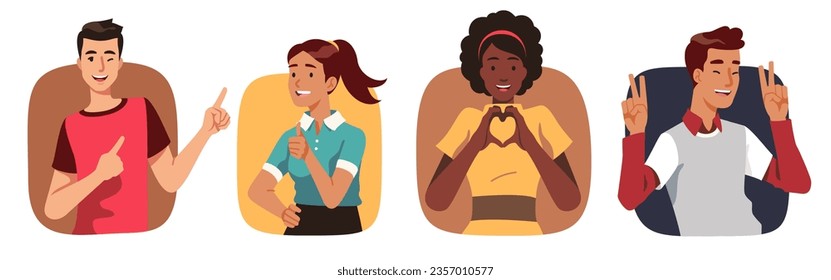 Persona feliz mostrando gesto positivo. Hombre sonriente, mujer haciendo gestos de pulgar arriba como, corazón de dedo, señal de paz, apuntando a un lado y guiñando el ojo. Ilustración vectorial plana de la colección de comunicaciones