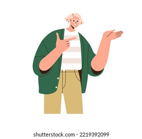 Happy person showing, presenting smth with hand gesture to side. Smiling man presenter pointing, advertising idea. Excited guy speaker explaining. Flat vector illustration isolated on white background