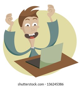 happy person sits in front of the computer