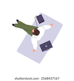 Happy person sits on blanket, relaxes, listens to music with headphones top view. Seen from above man with briefcase, earphones, phone has a rest outdoors. Flat isolated vector illustration on white