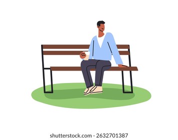 Happy person sits on wooden bench in recreation park. Man with refreshing drink relaxes on seat outdoors in summer. Boy has a rest during walk. Flat isolated vector illustration on white background.