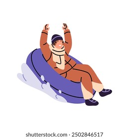 Happy person slides down with tubing. Joyful teen rides on snow slope with hands up in wintertime. Excited character has fun outdoors on winter vacations. Flat isolated vector illustration on white.