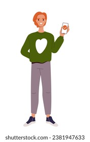 Happy person with smartphone. Man show display of her phone. Young guy with gadget at hand. Graphic element for website. Cartoon flat vector illustration isolated on white background