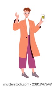 Happy person with smartphone. Trendy woman show display of her phone. Young girl with gadget and device. Template and layout. Cartoon flat vector illustration isolated on white background