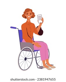 Alles Gute mit Smartphone. Frauen auf Rollstuhlvorführung ihres Telefons. Junge Mädchen mit Gadget und Gerät. Poster oder Banner. Cartoon-FlachVektorgrafik einzeln auf weißem Hintergrund