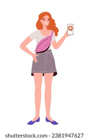 Happy person with smartphone. Woman show display of her phone. Young girl with gadget. Electronic commerce and marketing. Cartoon flat vector illustration isolated on white background