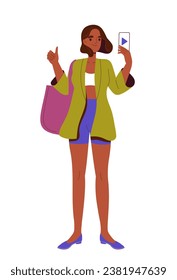 Happy person with smartphone. Woman show display of her phone. Young girl with gadget. Ecommerce and marketing. Poster or banner. Cartoon flat vector illustration isolated on white background