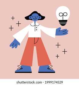 Happy person standing, showing with hand. Smiling woman or man holding light bulb. Vector modern stock illustration. Concept: idea, power, success, energy, creative. Funny girl on abstract background