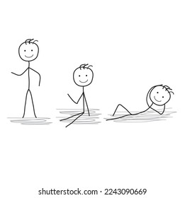 a happy person is standing, sitting, lying, pictogram of a human figure in different poses, sketch, silhouette