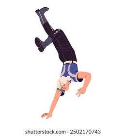 Happy person stands handstand for joy. Young man shows hand gesture of victory, peace sign. Positive boy rejoices at success, celebrates win. Flat isolated vector illustration on white background