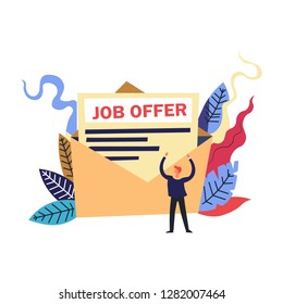 Persona feliz, hombre vestido con traje, solicitante que recibe una oferta de trabajo deseada, carta grande en sobre abierto, logrando su objetivo, verde floral colorido, follaje detrás como elemento de diseño abstracto, gráfico