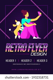 Happy person taking selfie outdoors. Woman enjoying time with her dog in park. Flat vector illustration. Communication, leisure concept for banner, website design or landing web page