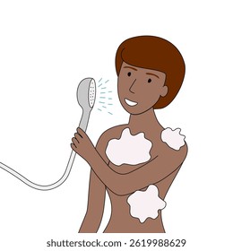Happy person taking a shower and singing with soap suds on his body, vector