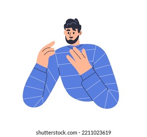 Happy person telling, gesturing with hands. Surprised man with excited face expression, emotion. Male character wondering, speaking, talking. Flat vector illustration isolated on white background