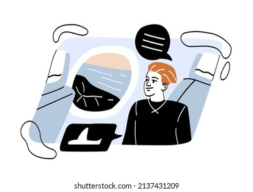 Happy person traveling concept. Young man sitting in cabin of airplane and looking out window at sky. Passenger in vehicle flying to another country. Cartoon flat vector illustration in doodle style