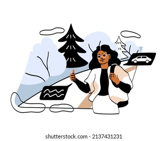 Happy Person Traveling Concept. Young Woman With Backpack On Her Shoulders Stands On Side Of Road And Catches Car. Hitchhiking With Thumbs Up Gesture. Cartoon Flat Vector Illustration In Doodle Style