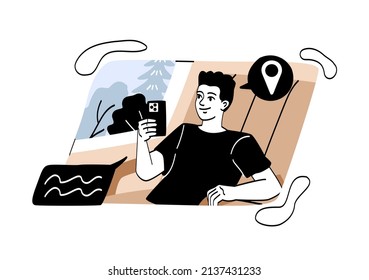 Happy Person Traveling Concept. Young Man Sitting On Comfortable Bus Seat, Holding Smartphone And Looking Out Window. Metaphor For Tourism Or Trips. Cartoon Flat Vector Illustration In Doodle Style