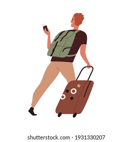 Happy person traveling with luggage. Tourist saying goodbye and leaving with suitcase, passport and ticket. Colored flat vector illustration of male traveler isolated on white background