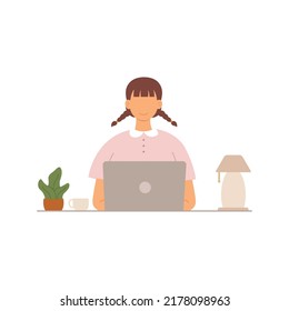 Persona feliz que usa laptop para trabajar a través de internet en ilustración de vector de casa