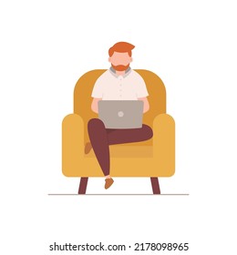 Happy person using laptop for working through internet at home vector illustration