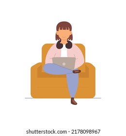 Happy person using laptop for working through internet at home vector illustration
