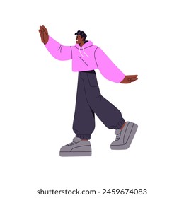 Happy person waving hand to welcome during walk. Glad man greeting, goes towards, rejoices to meeting. Joyful character steps with Hello gesture. Flat isolated vector illustration on white background