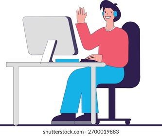 Persona feliz saludando mientras trabaja en la computadora. Ilustración de comunicación en línea. Video Trabajo remoto y diseño de llamadas