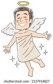 A happy person wearing an angel costume.