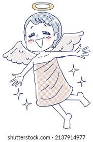 A happy person wearing an angel costume.