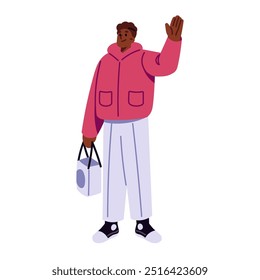 Persona feliz en la mano de las olas de la ropa exterior del invierno. Hombre negro en ropa de abrigo tiene regalo, da la bienvenida. Personaje divertido con saludo presente, dice hola. Ilustración vectorial aislada plana sobre fondo blanco