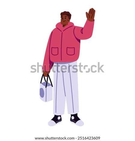 Happy person in winter outerwear waves hand. Black man in warm clothes holds gift, welcomes. Funny character with present greeting, says hello. Flat isolated vector illustration on white background