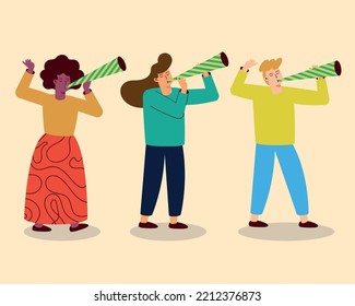 happy persons celebrating with cornets