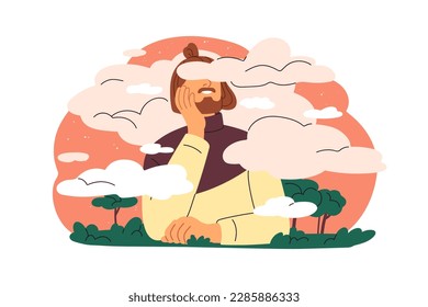 Happy persons head in cloud in sky. Carefree smiling dreamer contemplating, dreaming in heaven. Optimism, bliss, peace, happiness concept. Flat graphic vector illustration isolated on white background