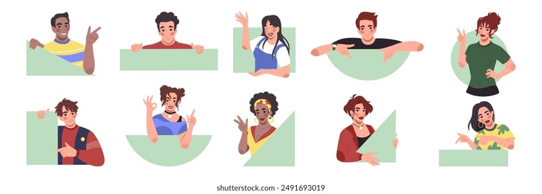 Happy persons show gestures. People with geometric shapes. Curious girl peeping from circle. Looking guy. Down finger advice. Man pointing out. Woman waving hand. Vector tidy gesturing characters set