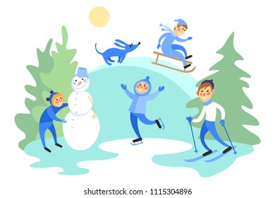 Happy persons skating on ice, skiing in snow, child on sledge with dog. Illustration of winter activities