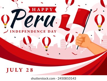 Feliz Día de la Independencia del Perú Ilustración vectorial el 28 de julio con banderas y cintas en el diseño de fondo plano de dibujos animados de Festiva